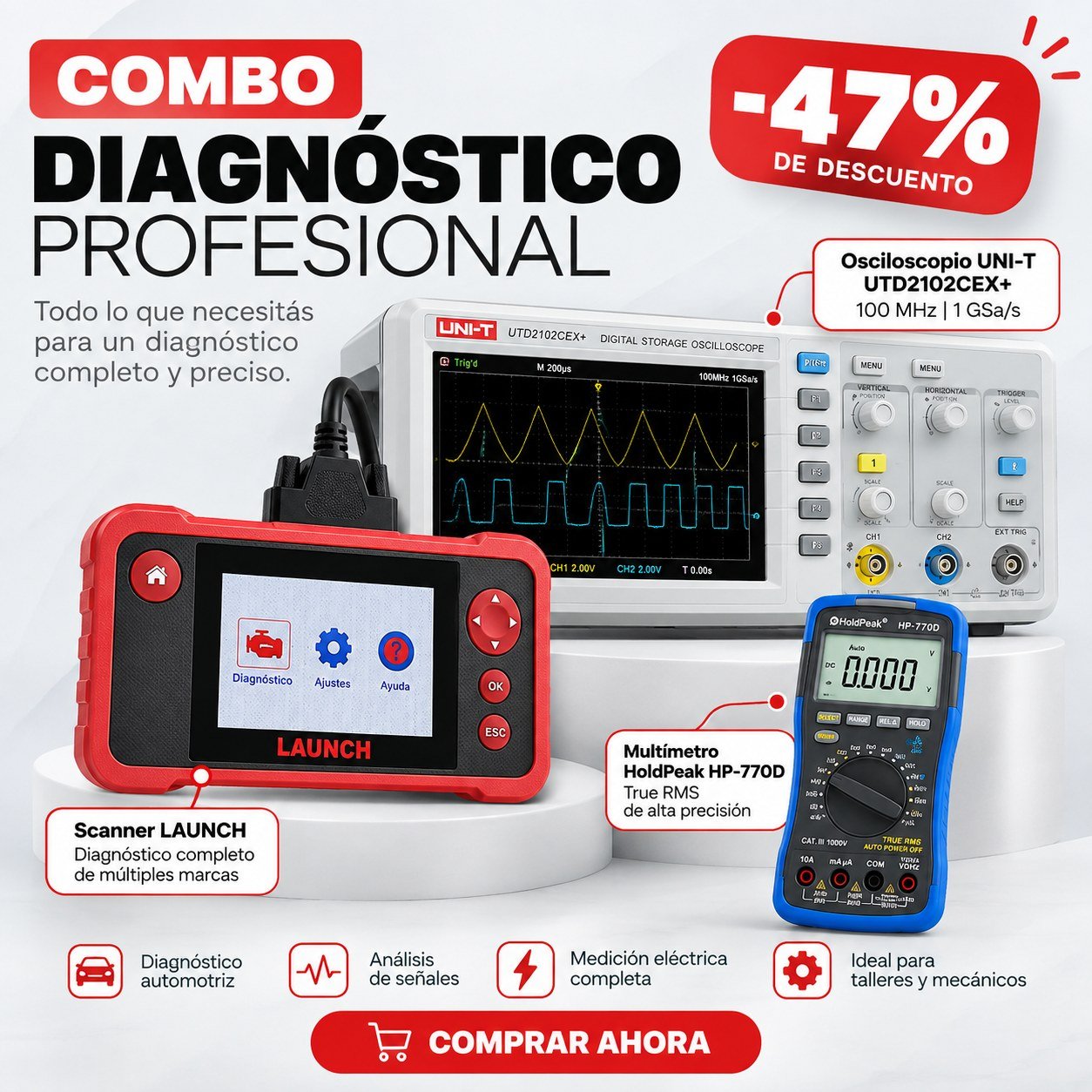 Combo Diagnóstico Profesional: Scanner Launch + Osciloscopio UNI-T UTD2102CEX+ + Multímetro HoldPeak HP-770D de regalo